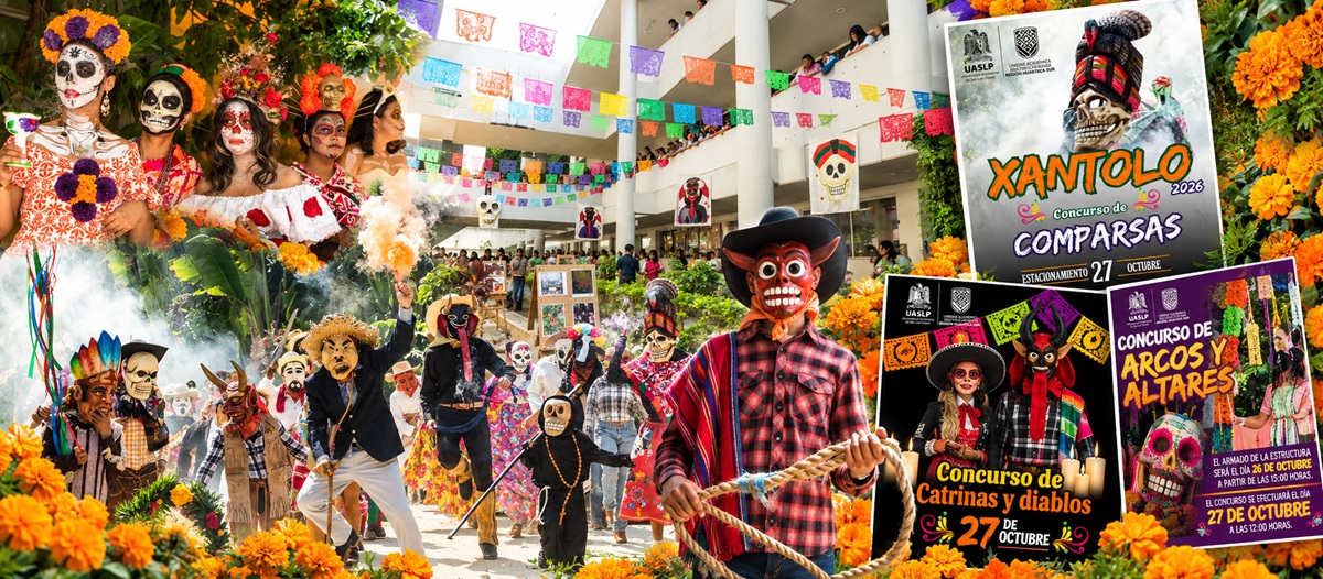 Collage del Xantolo 2026 en UASLP Tamazunchale con comparsas de huehues, catrinas, diablos y carteles de concursos